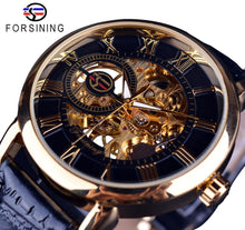 Load image into Gallery viewer, Forsining 3d Logo Design Hollow Engraving Black Gold Case Leather Skeleton Mechanical Watches Men Luxury Brand Heren Horloge
