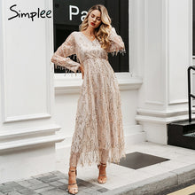 Load image into Gallery viewer, Simplee Sexy v-neck evening women maxi dress Elegant mesh long sleeve sequin night dress autumn lady plus size party dress
