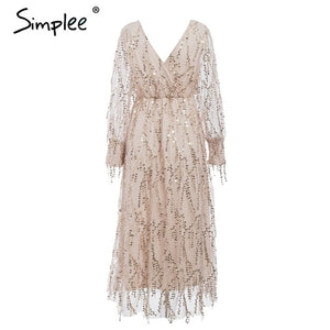 Simplee Sexy v-neck evening women maxi dress Elegant mesh long sleeve sequin night dress autumn lady plus size party dress