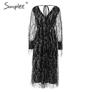 Simplee Sexy v-neck evening women maxi dress Elegant mesh long sleeve sequin night dress autumn lady plus size party dress