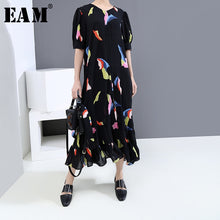 Load image into Gallery viewer, [EAM] Women Black Pattern Printed Ruffles Long Dress New V-Neck Half Sleeve Loose Fit Fashion Tide Spring Summer 2020 1U114
