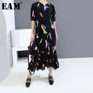 [EAM] Women Black Pattern Printed Ruffles Long Dress New V-Neck Half Sleeve Loose Fit Fashion Tide Spring Summer 2020 1U114