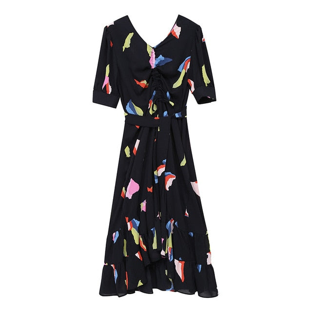 [EAM] Women Black Pattern Printed Ruffles Long Dress New V-Neck Half Sleeve Loose Fit Fashion Tide Spring Summer 2020 1U114