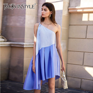 TWOTWINSTYLE Elegant Dresses Female Asymmteircal Neck Sleeveless One Shoulder High Waist Irregular Hem Hit Color Dress Women New