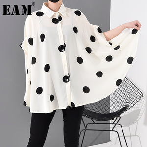 [EAM] Women Dot Printed Stitch Big Size Blouse New Lapel Long Sleeve Loose Fit Shirt Fashion Tide Spring Summer2020 JW576