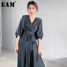 Load image into Gallery viewer, [EAM] Women Gray Bandage Elegant Chiffon Dress New V-Neck Three-quarter Sleeve Loose Fit Fashion Tide Spring Summer 2020 1W512
