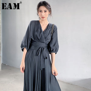 [EAM] Women Gray Bandage Elegant Chiffon Dress New V-Neck Three-quarter Sleeve Loose Fit Fashion Tide Spring Summer 2020 1W512