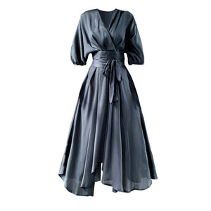 [EAM] Women Gray Bandage Elegant Chiffon Dress New V-Neck Three-quarter Sleeve Loose Fit Fashion Tide Spring Summer 2020 1W512