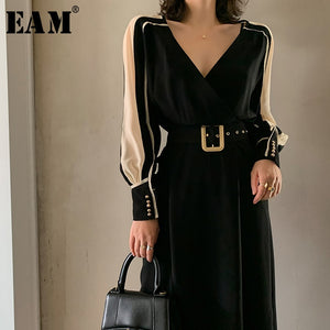 [EAM] Women Black Side Chiffon Split Elegant Dress New V-Neck Long Sleeve Loose Fit Fashion Tide Spring Summer 2020 1W498