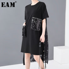 Load image into Gallery viewer, [EAM] Women Black Sequins Back Lace Split Big Size Dress New Round Neck Half Sleeve Loose Fit Fashion Spring Summer 2020 1U12701
