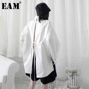 [EAM] Women Back Bandage Split Big Size Long Blouse New Lapel Long Sleeve Loose Fit Shirt Fashion Tide Spring Summer 2020 1W316