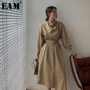 [EAM] Women Khaki Irregular Long Elegant Dress New Stand Collar Long Sleeve Loose Fit Fashion Tide Spring Autumn2020 1W475