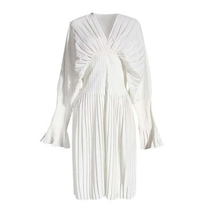 [EAM] Women White Pleated Split Big Size Long Blouse New V-collar Long Sleeve Loose Fit Shirt Fashion Spring Summer 2020 1W326