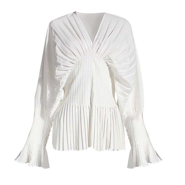 [EAM] Women White Pleated Split Big Size Long Blouse New V-collar Long Sleeve Loose Fit Shirt Fashion Spring Summer 2020 1W326