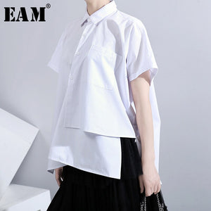 [EAM] Women White Irregular Split Big Size Blouse New Lapel Short Sleeve Loose Fit Shirt Fashion Tide Spring Summer 2020 1U635