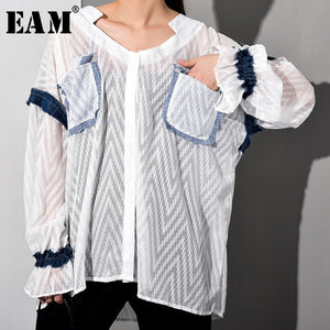 [EAM] Women White Denim Ruffles Big Size Blouse New V-collar Long Sleeve Loose Fit Shirt Fashion Tide Spring Summer 2020 WG75500