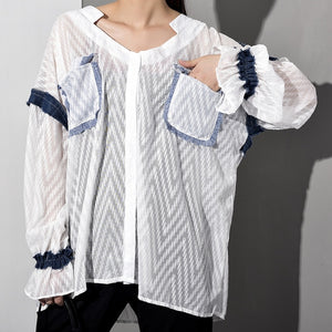 [EAM] Women White Denim Ruffles Big Size Blouse New V-collar Long Sleeve Loose Fit Shirt Fashion Tide Spring Summer 2020 WG75500