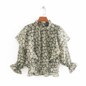 New 2020 women flower print casual smock blouse female stand collar three quarter sleeve ruffles shirts chic blusas tops LS6667