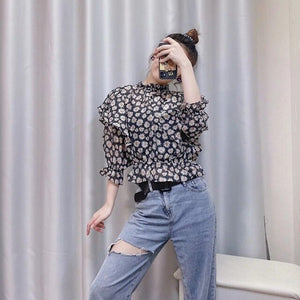 New 2020 women flower print casual smock blouse female stand collar three quarter sleeve ruffles shirts chic blusas tops LS6667