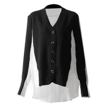 Load image into Gallery viewer, [EAM] Women Black White Knitting Split Big Size Blouse New V-collar Long Sleeve Loose Fit Shirt Fashion Spring Summer 2020 JO652
