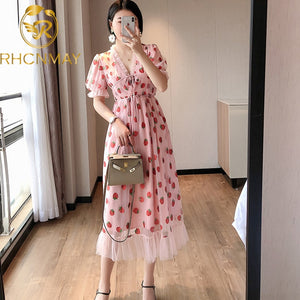 Sexy V-Neck Belt Strawberry Hot stamping Short Sleeve Party Mid-Length Dress Net Yarn Summer New Women'S Clothing