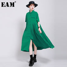 Load image into Gallery viewer, [EAM] Women Green Pleated Split Big Size Shirt Dress New Lapel Half Sleeve Loose Fit Fashion Tide Spring Summer 2020 1W199
