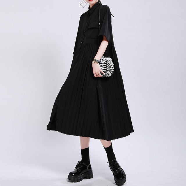 [EAM] Women Green Pleated Split Big Size Shirt Dress New Lapel Half Sleeve Loose Fit Fashion Tide Spring Summer 2020 1W199