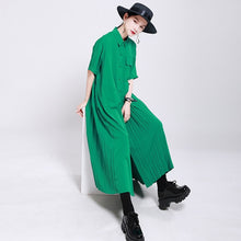 Load image into Gallery viewer, [EAM] Women Green Pleated Split Big Size Shirt Dress New Lapel Half Sleeve Loose Fit Fashion Tide Spring Summer 2020 1W199
