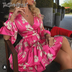 TWOTWINSTYLE Elegant Print Summer Dress Women V Neck Lantern Long Sleeve High Waist Hollow Out Mini Dresses Female Fashion Tide