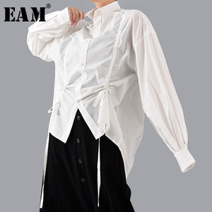 [EAM] Women Drawstring Asymmetrical Big Size Blouse New Lapel Long Sleeve Loose Fit Shirt Fashion Tide Spring Autumn 2020 1T804