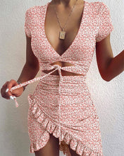 Load image into Gallery viewer, Cryptographic Floral Print Fashion Tie Up Wrap Mini Dress 2020 Summer Holiday Ruffles Sundress Ruched Women&#39;s Dress Short Sleeve
