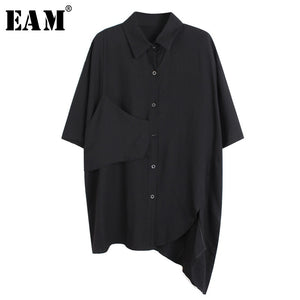 [EAM] Women Black Irregular Big Size Blouse New Lapel Three-quarter Sleeve Loose Fit Shirt Fashion Spring Summer 2020 1U398