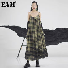 Load image into Gallery viewer, [EAM] Women Army Green Plaid Stitch Long Spaghetti Strap Dress New Sleeveless Loose Fit Fashion Tide Spring Summer 2020 1W977
