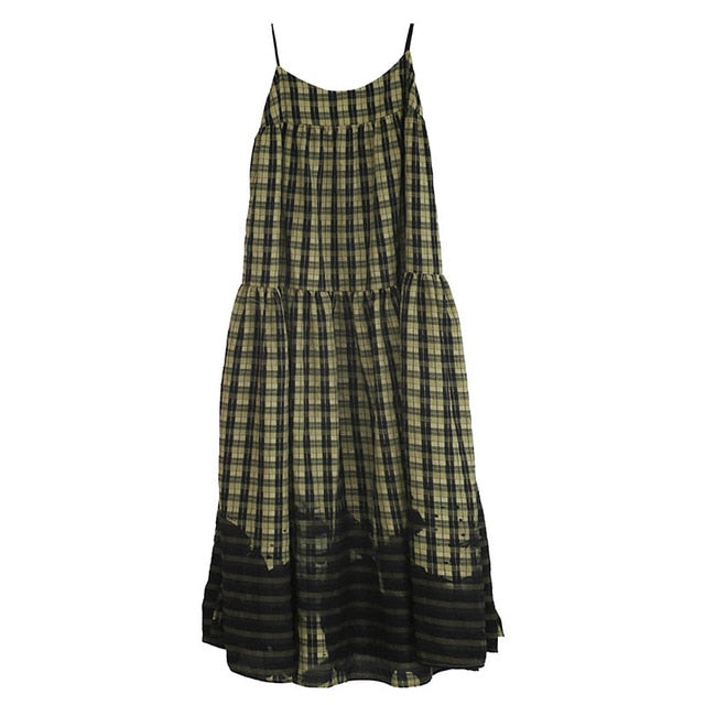 [EAM] Women Army Green Plaid Stitch Long Spaghetti Strap Dress New Sleeveless Loose Fit Fashion Tide Spring Summer 2020 1W977