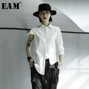 [EAM] Women White Brief Irregular Hem Stitch Blouse New Lapel Short Sleeve Loose Fit Shirt Fashion Tide Spring Summer 2020 1X012