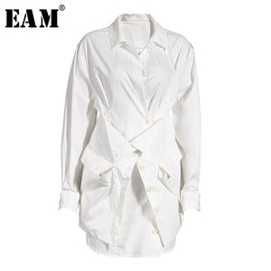 [EAM] Women White Cross Stitch Irregular Blouse New Lapel Long Sleeve Loose Fit Shirt Fashion Tide Spring Autumn2020 1X021