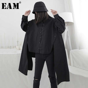 [EAM] Women Ribbon Split Big Size Irregular Blouse New Lapel Long Sleeve Loose Fit Shirt Fashion Tide Spring Summer 2020 1W302