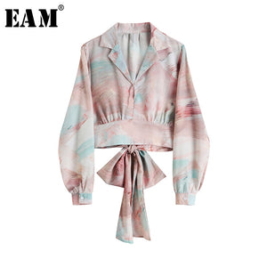 [EAM] Women Pattern Printed Bandage Bow Blouse New Lapel Long Sleeve Loose Fit Shirt Fashion Tide Spring Summer 2020 1W153