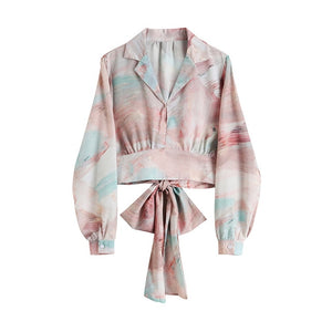 [EAM] Women Pattern Printed Bandage Bow Blouse New Lapel Long Sleeve Loose Fit Shirt Fashion Tide Spring Summer 2020 1W153