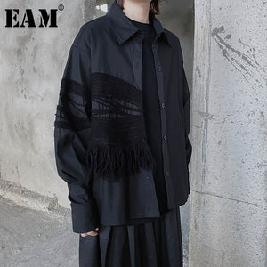 [EAM] Women Black Pattern Tassels Big Size Blouse New Lapel Long Sleeve Loose Fit Shirt Fashion Tide Spring Summer 2020 1W397