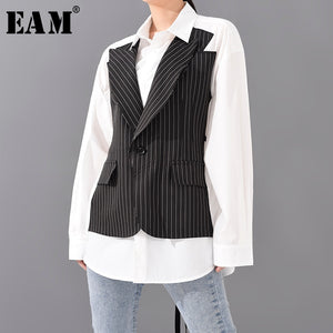 [EAM] Women Black Striped Stitch Big Szie Blouse New Lapel Long Sleeve Loose Fit Shirt Fashion Tide Spring Summer 2020 1W022