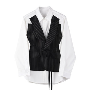 [EAM] Women Black Striped Stitch Big Szie Blouse New Lapel Long Sleeve Loose Fit Shirt Fashion Tide Spring Summer 2020 1W022