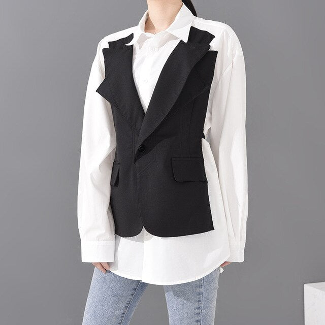 [EAM] Women Black Striped Stitch Big Szie Blouse New Lapel Long Sleeve Loose Fit Shirt Fashion Tide Spring Summer 2020 1W022