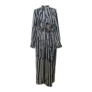 [EAM] Women Black Striped Bandage Long Chiffon Dress New V-Neck Long Sleeve Loose Fit Fashion Tide Spring Summer 2020 1W497