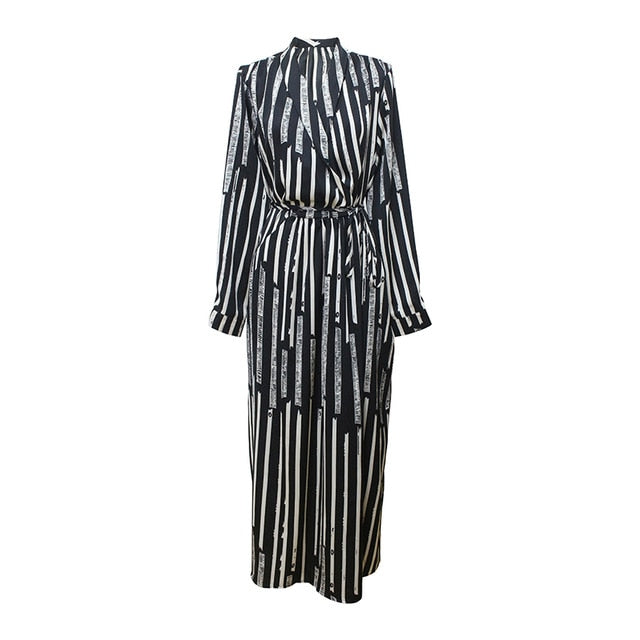 [EAM] Women Black Striped Bandage Long Chiffon Dress New V-Neck Long Sleeve Loose Fit Fashion Tide Spring Summer 2020 1W497