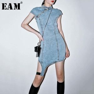 [EAM] Women Blue Irregular Hem Stitch Denim Dress New Stand Collar Short Sleeve Loose Fit Fashion Tide Spring Summer 2020 1W224