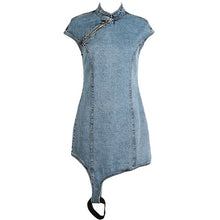 Load image into Gallery viewer, [EAM] Women Blue Irregular Hem Stitch Denim Dress New Stand Collar Short Sleeve Loose Fit Fashion Tide Spring Summer 2020 1W224
