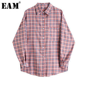 [EAM] Women Purple Plaid Printed Big Size Blouse New Lapel Long Sleeve Loose Fit Shirt Fashion Tide Spring Summer 2020 1U975