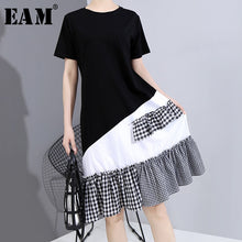 Load image into Gallery viewer, [EAM] Women Black Plaid Ruffles Stitch Midi Dress New Round Neck Short Sleeve Loose Fit Fashion Tide Spring Summer 2020 1W579
