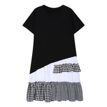 Load image into Gallery viewer, [EAM] Women Black Plaid Ruffles Stitch Midi Dress New Round Neck Short Sleeve Loose Fit Fashion Tide Spring Summer 2020 1W579
